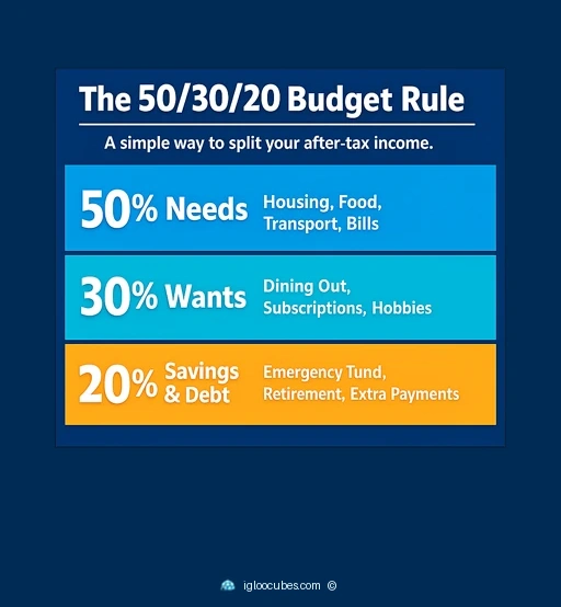 Infographic showing the 50/30/20 budget rule: 50% for needs (housing, food, transport, bills), 30% for wants (dining out, subscriptions, hobbies), and 20% for savings and debt (emergency fund, retirement, extra payments).