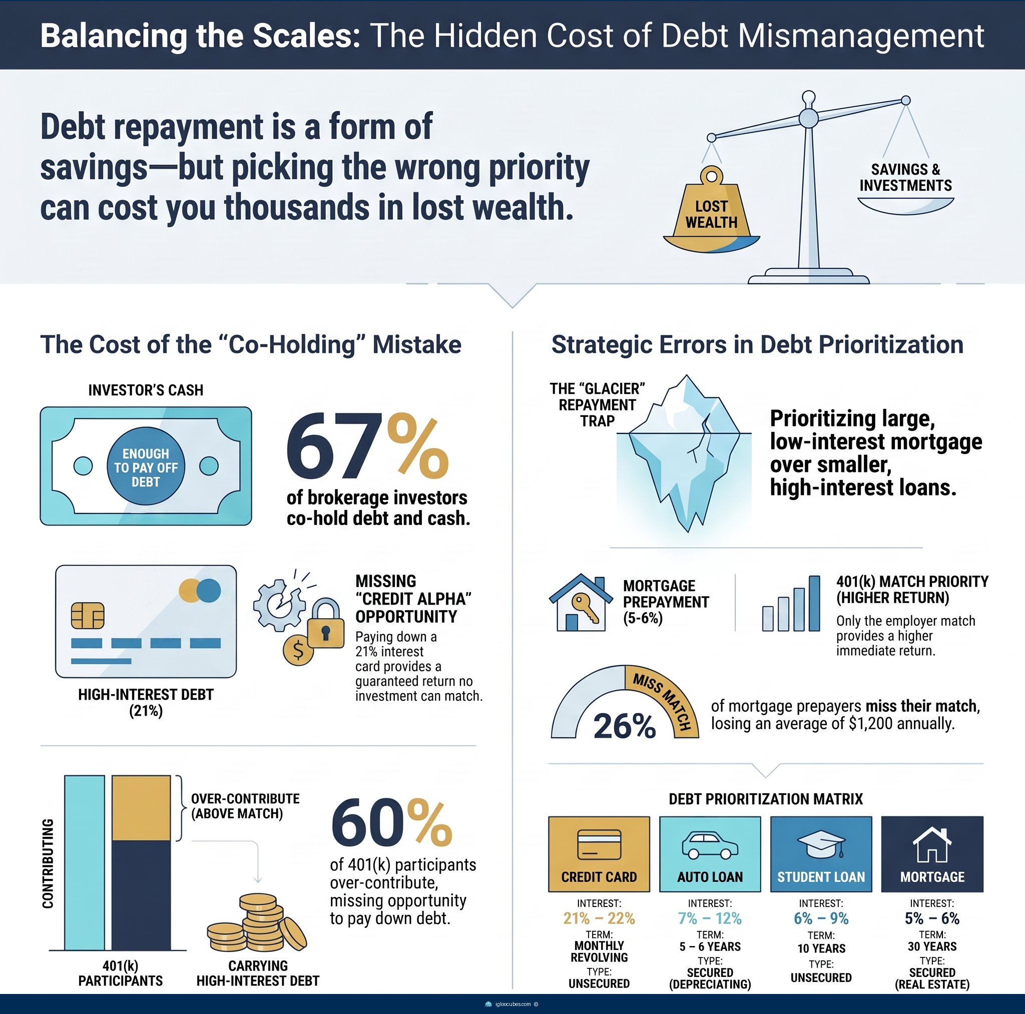 Infographic comparing debt payoff strategies — snowball vs avalanche methods, cost of carrying credit card debt, impact of mortgage rate locks, and the effect of high-interest debt on long-term investing returns.