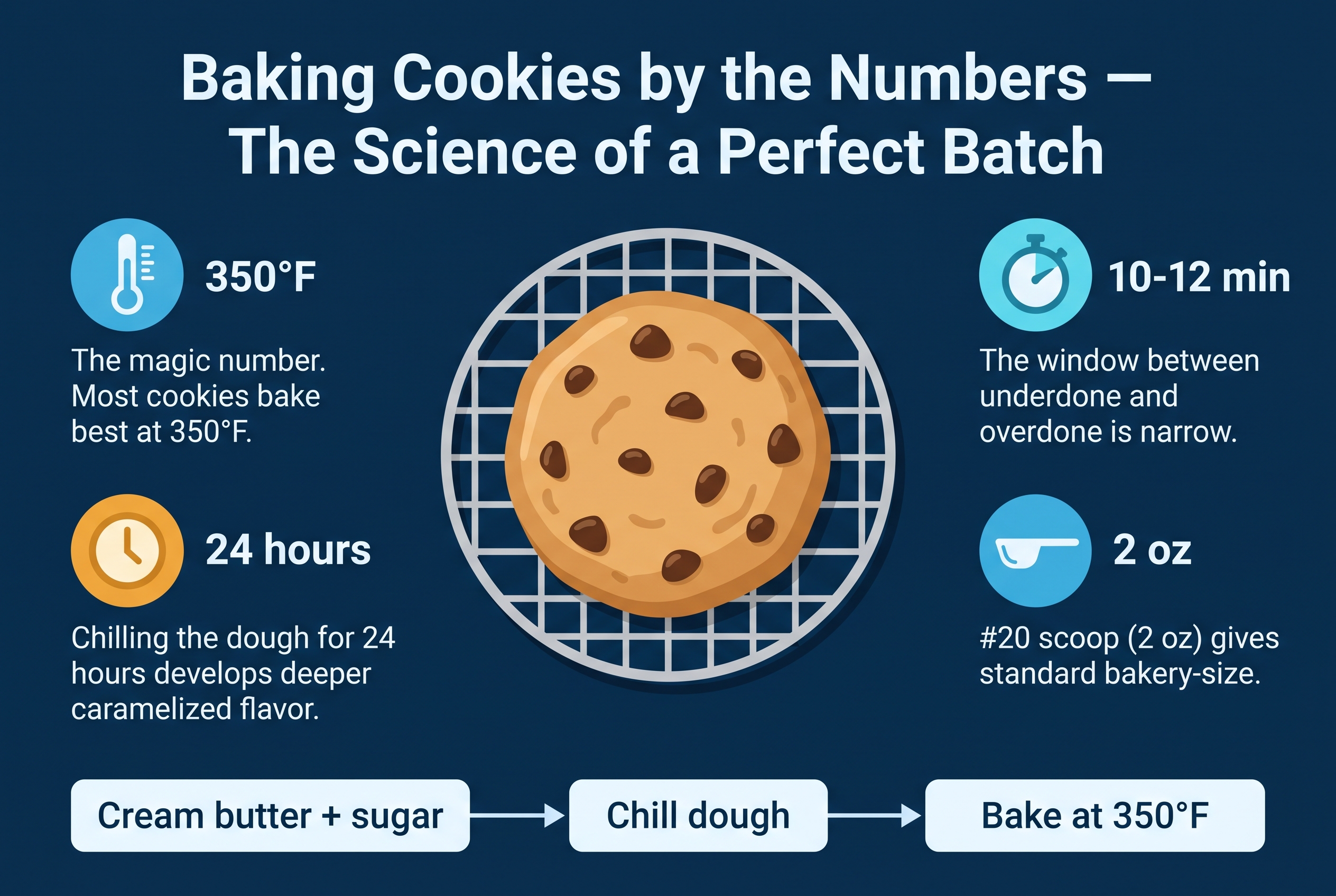 Infographic titled 'Baking Cookies by the Numbers — The Science of a Perfect Batch' showing a chocolate chip cookie on a cooling rack surrounded by four data callouts: 350°F as the magic number, 10–12 minutes as the ideal bake window, 24 hours of dough chilling for deeper flavor, and 2 ounces as the standard bakery-size scoop with a three-step process flow at the bottom.