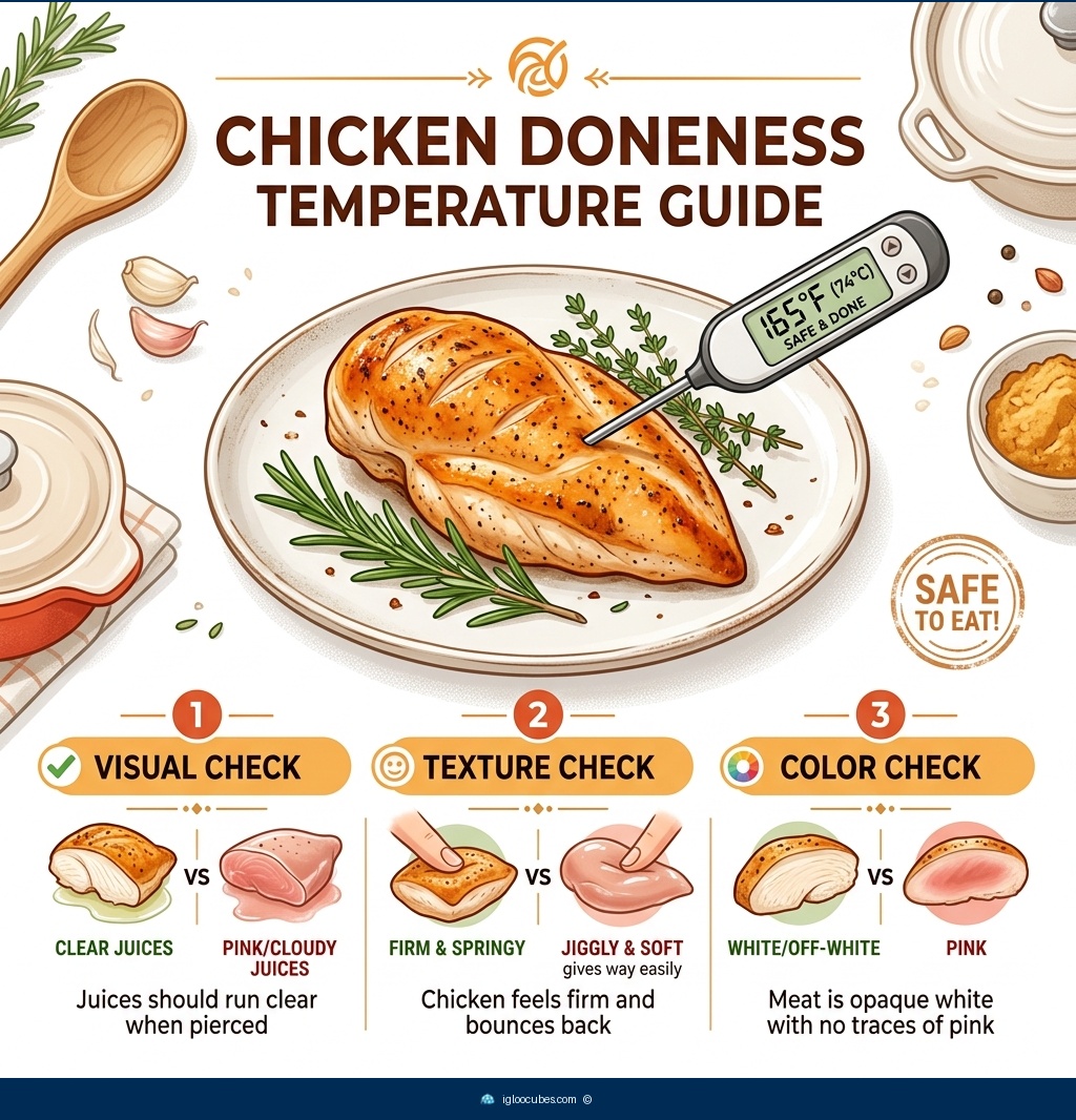 Chicken doneness temperature guide — meat thermometer at 165°F safe threshold, with three visual-and-texture checks for doneness: clear juices, firm springy texture, and opaque white flesh with no pink.