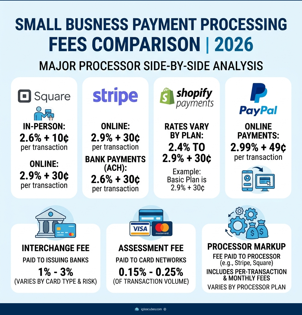 Comparison of credit card processing fees for small businesses in 2026: Square (2.6%+10¢ in-person, 2.9%+30¢ online), Stripe (2.9%+30¢ online, 2.6%+30¢ bank payments), Shopify Payments (2.4-2.9%+30¢ by plan), PayPal (2.99%+49¢ online). Three fee components shown: interchange (1-3%), assessment (0.15-0.25%), and processor markup.