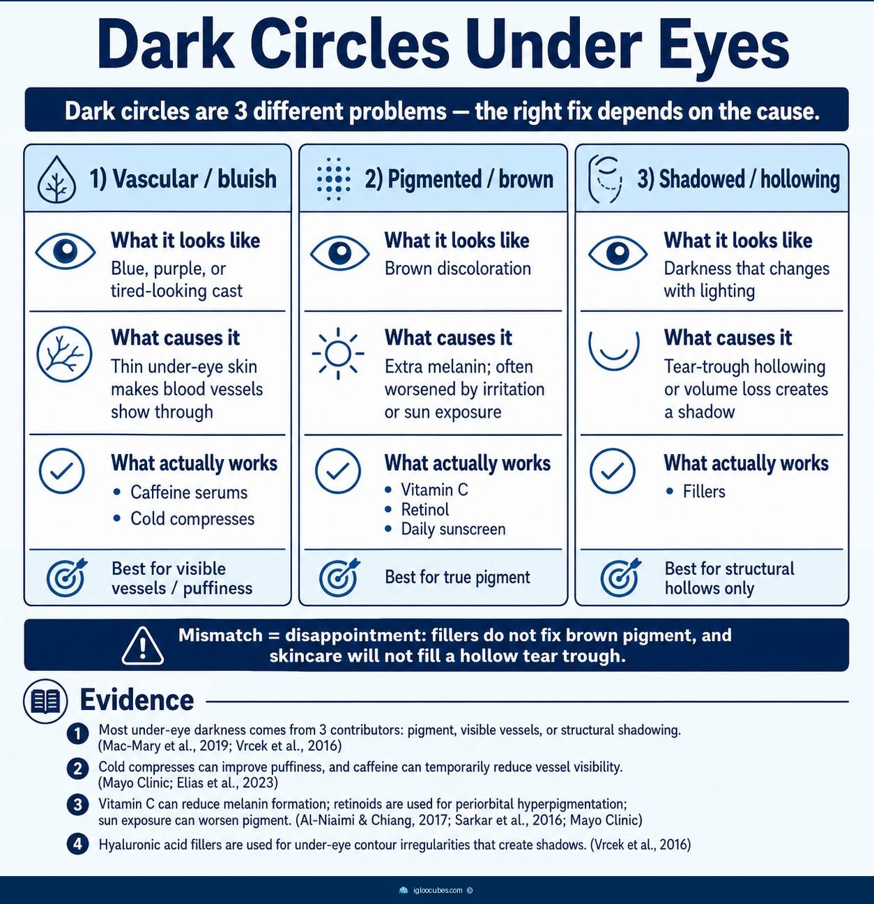 Infographic comparing the three types of dark circles — vascular/bluish (thin skin showing blood vessels, treat with caffeine and cold compresses), pigmented/brown (excess melanin, treat with vitamin C and retinol and sunscreen), shadowed/hollowing (volume loss, needs fillers).