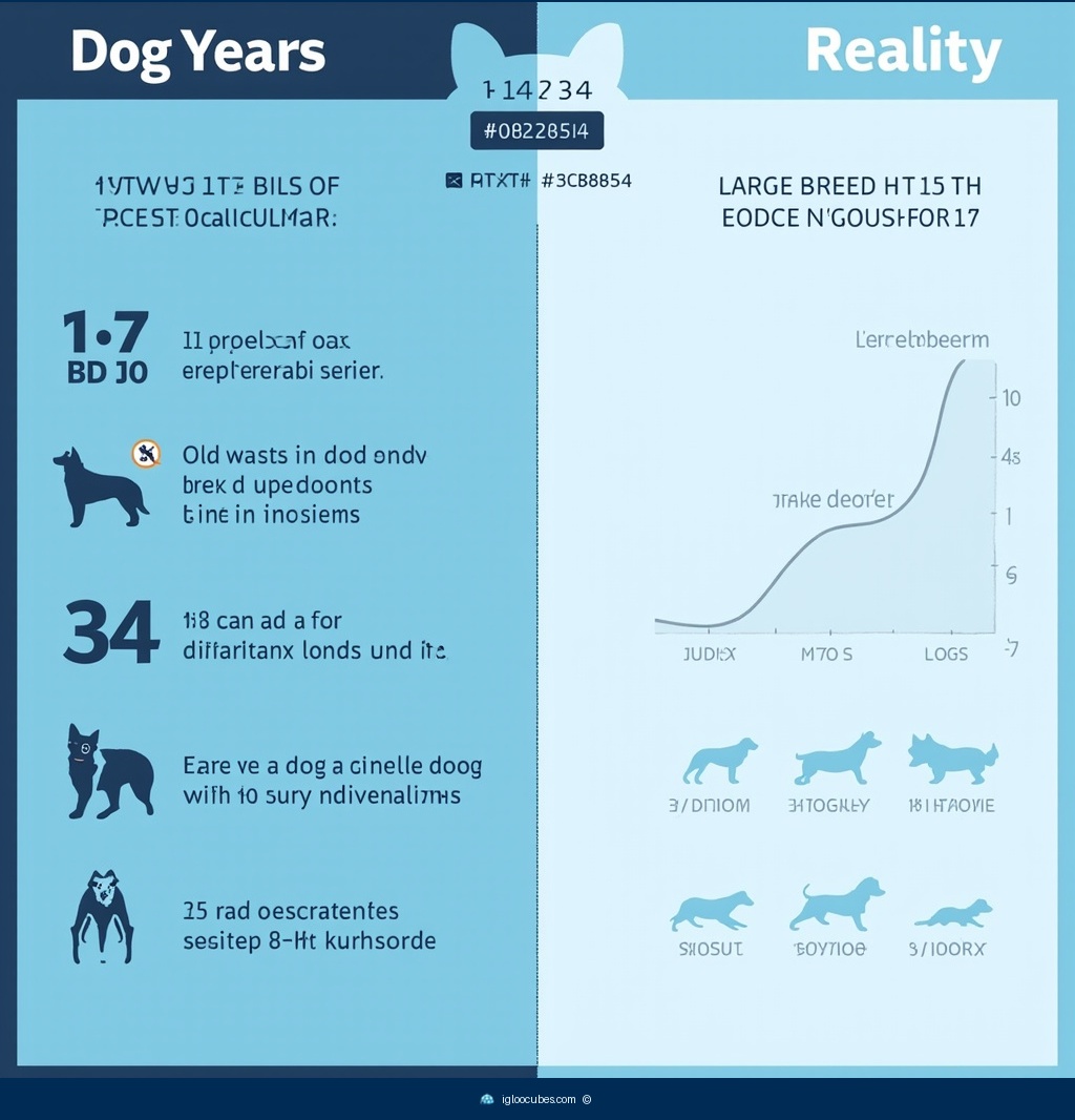 Infographic comparing the old 1:7 dog years myth with the real aging curve — dogs age fast in early years (a 1-year-old dog is roughly equivalent to a 15-year-old human), then slow down, with large breed dogs aging faster overall than small breeds.