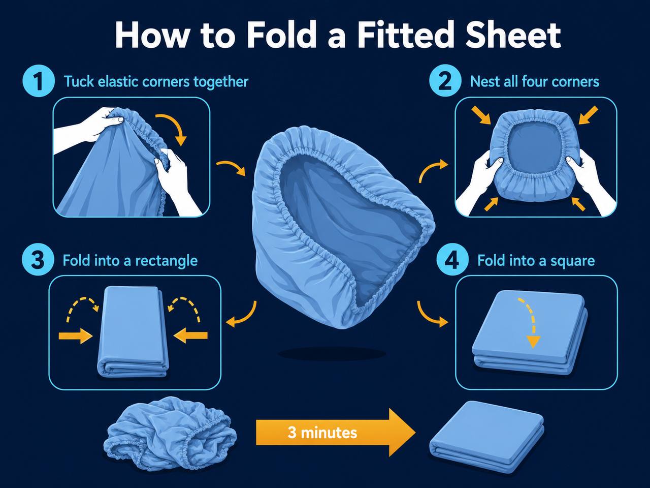 Infographic titled 'How to Fold a Fitted Sheet' showing four numbered steps: tuck elastic corners together, nest all four corners, fold into a rectangle, and fold into a square against a dark blue background.