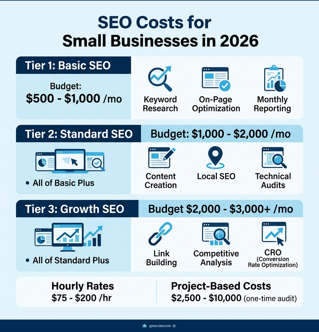 Three-tier SEO pricing breakdown: Basic SEO ($500-$1,000/mo includes keyword research, on-page optimization, monthly reporting), Standard SEO ($1,000-$2,000/mo adds content creation, local SEO, technical audits), Growth SEO ($2,000-$3,000+/mo adds link building, competitive analysis, CRO). Hourly rates $75-$200/hr, one-time project audits $2,500-$10,000.