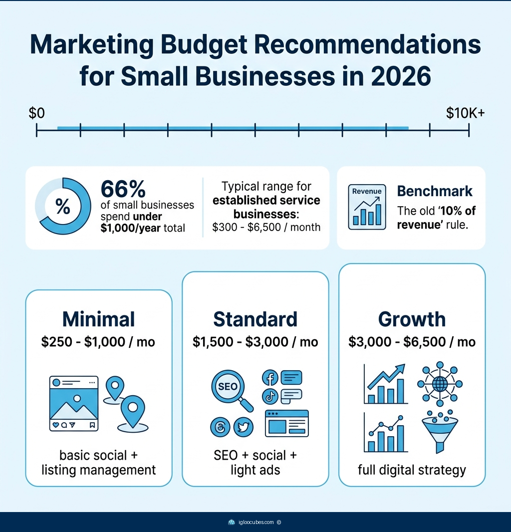 Marketing budget tiers for small businesses: Minimal ($250-$1,000/mo for basic social and listing management), Standard ($1,500-$3,000/mo for SEO, social, and light ads), Growth ($3,000-$6,500/mo for full digital strategy). A scale note shows 66% of small businesses spend under $1,000/year total and the 10% of revenue benchmark rule.