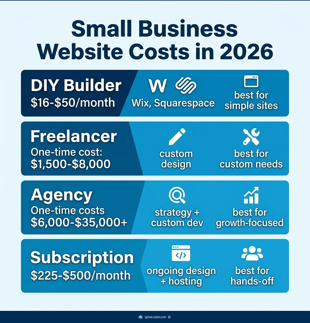 Four-tier comparison of small business website costs in 2026: DIY builders ($16-$50/month), freelancers ($1,500-$8,000 one-time), agencies ($6,000-$35,000+ one-time), and subscription services ($225-$500/month). Each tier shows price, typical features, and best-fit use case.