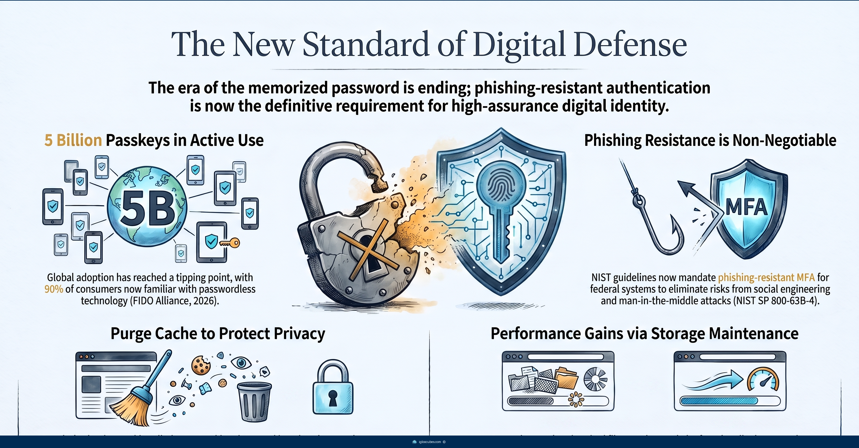 Infographic showing the evolution of account security from passwords to passkeys, with sections on NIST password rules, multi-factor authentication options, and how passkeys work.