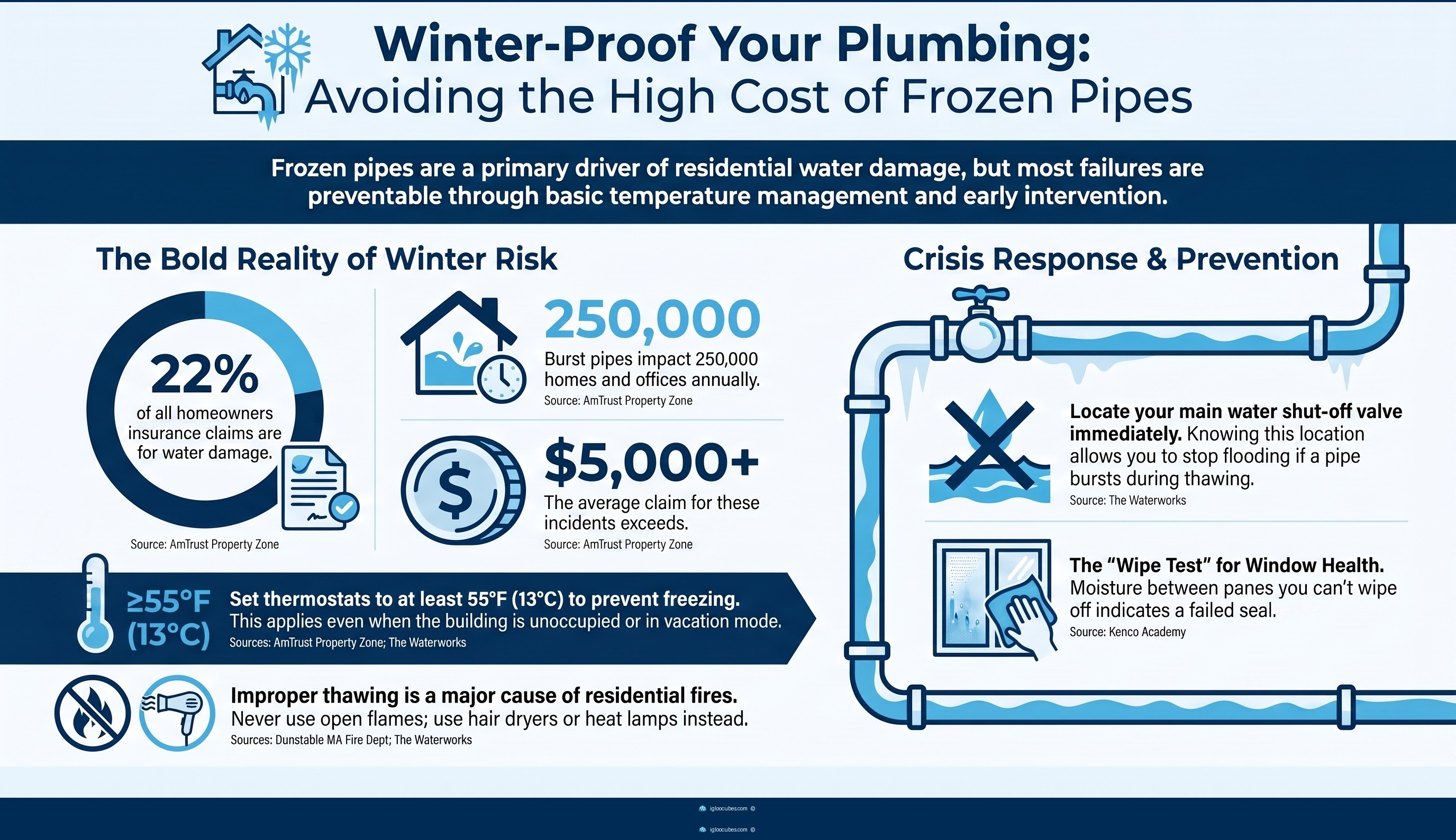Infographic showing a four-layer DIY winterizing iceberg — from basic freeze-prevention steps at the surface through insulation and air-sealing checks, to professional-only territory around ice, leaks, and water intrusion, down to safety and code issues at the deepest level.