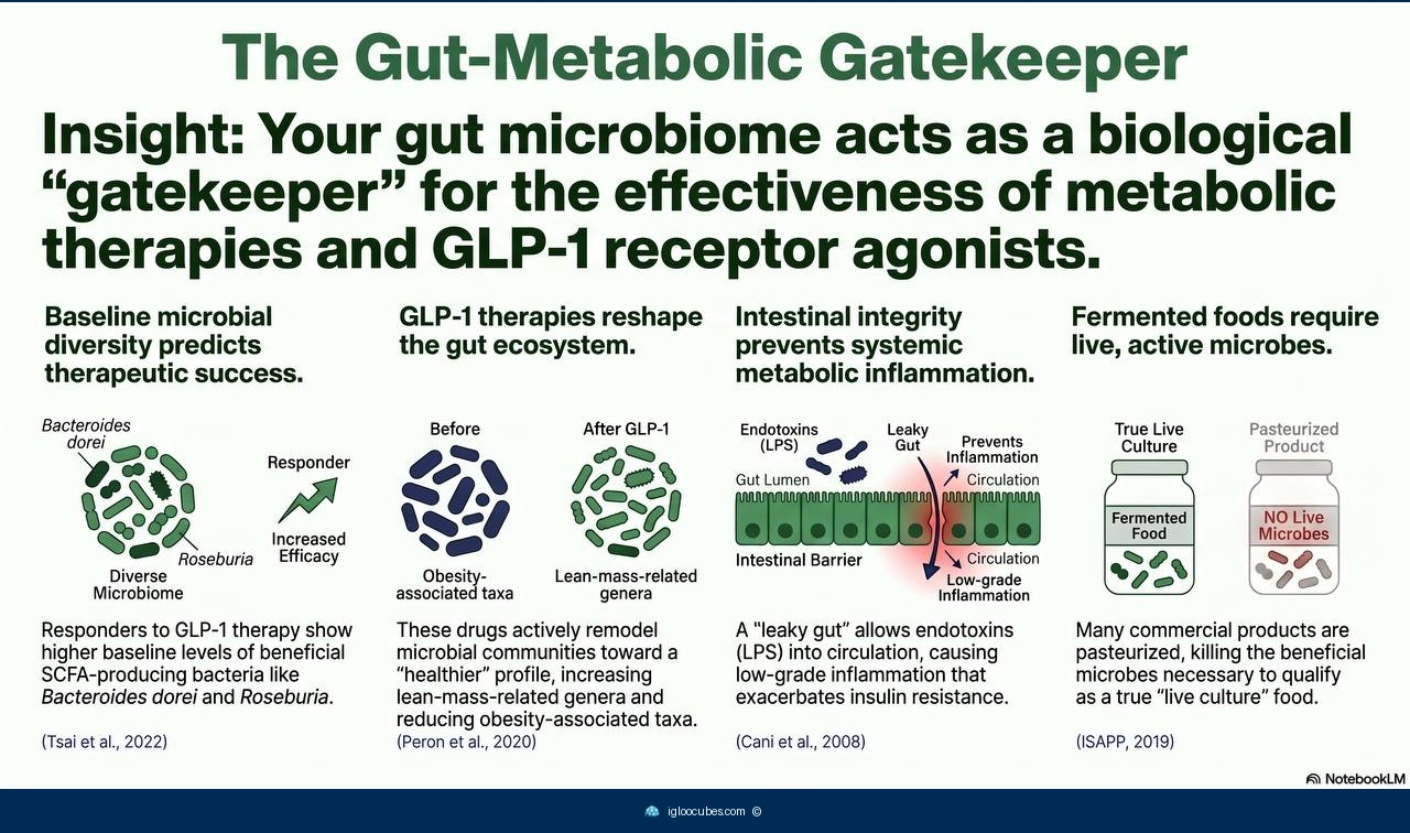 Infographic showing the hierarchy of gut health evidence — from well-supported prebiotic fiber and fermented foods to uncertain probiotic supplements and exploratory microbiome testing.