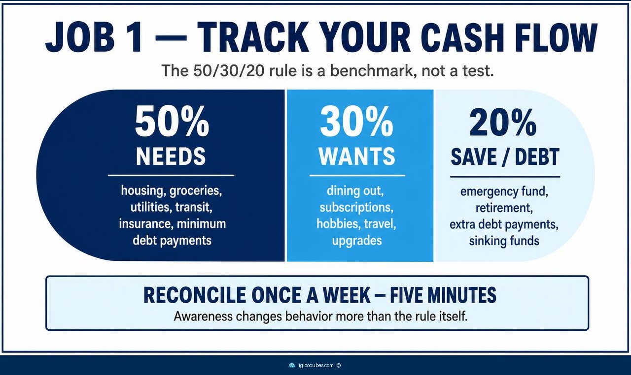 Infographic titled 'Job 1 — Track Your Cash Flow' showing the 50/30/20 rule as a horizontal pill chart: 50% navy segment for NEEDS (housing, groceries, utilities, transit, insurance, minimum debt payments), 30% medium-blue segment for WANTS (dining out, subscriptions, hobbies, travel, upgrades), and 20% light-blue segment for SAVE / DEBT (emergency fund, retirement, extra debt payments, sinking funds). Bottom callout: 'Reconcile once a week — five minutes. Awareness changes behavior more than the rule itself.'