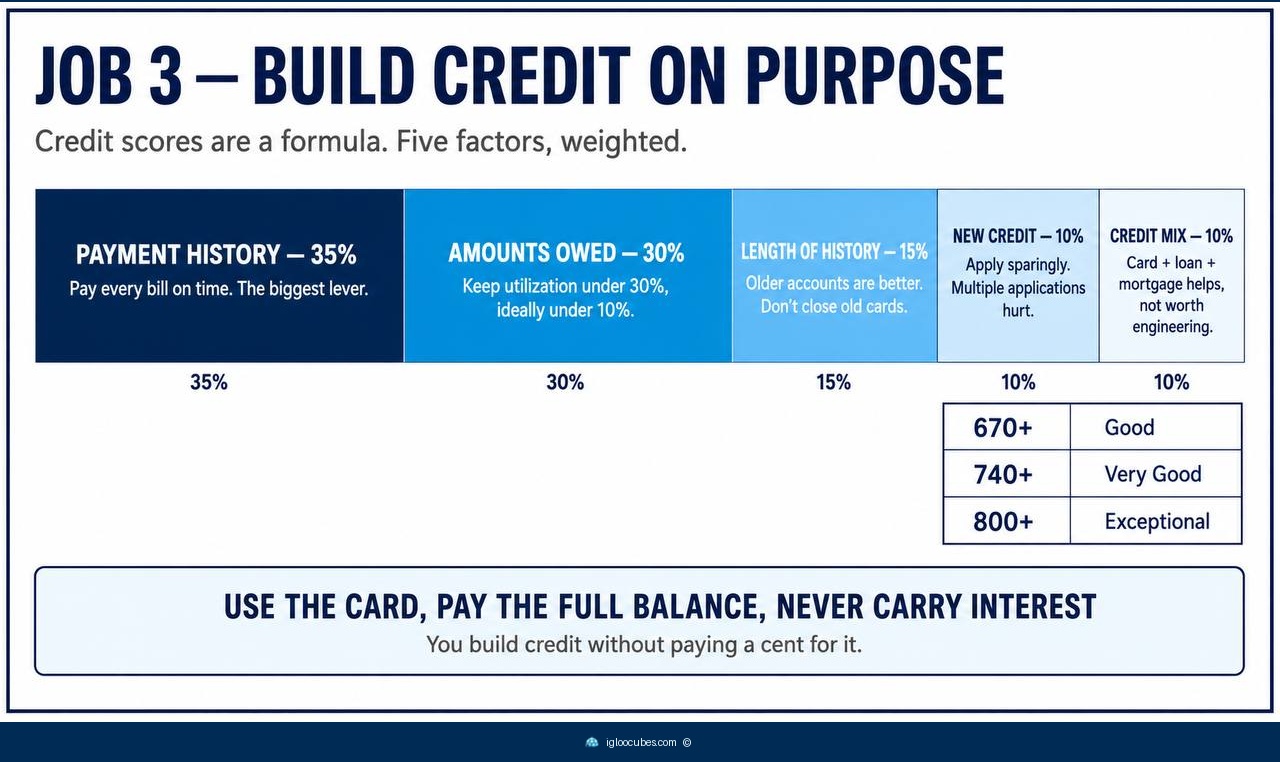 Infographic titled 'Job 3 — Build Credit on Purpose' showing the FICO formula as a weighted horizontal bar: Payment History 35% (navy, largest — pay every bill on time), Amounts Owed 30% (medium blue — keep utilization under 30%), Length of History 15% (medium blue — older accounts are better), New Credit 10% (light blue — apply sparingly), Credit Mix 10% (lightest blue — not worth engineering). Score thresholds: 670+ Good, 740+ Very Good, 800+ Exceptional. Bottom callout: 'Use the card, pay the full balance, never carry interest.'