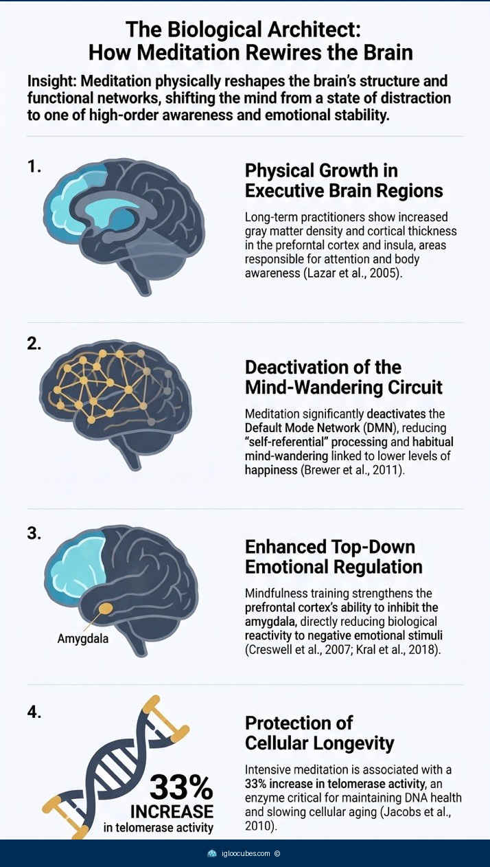 Infographic showing how meditation affects brain regions including the prefrontal cortex, amygdala, and default mode network over time.