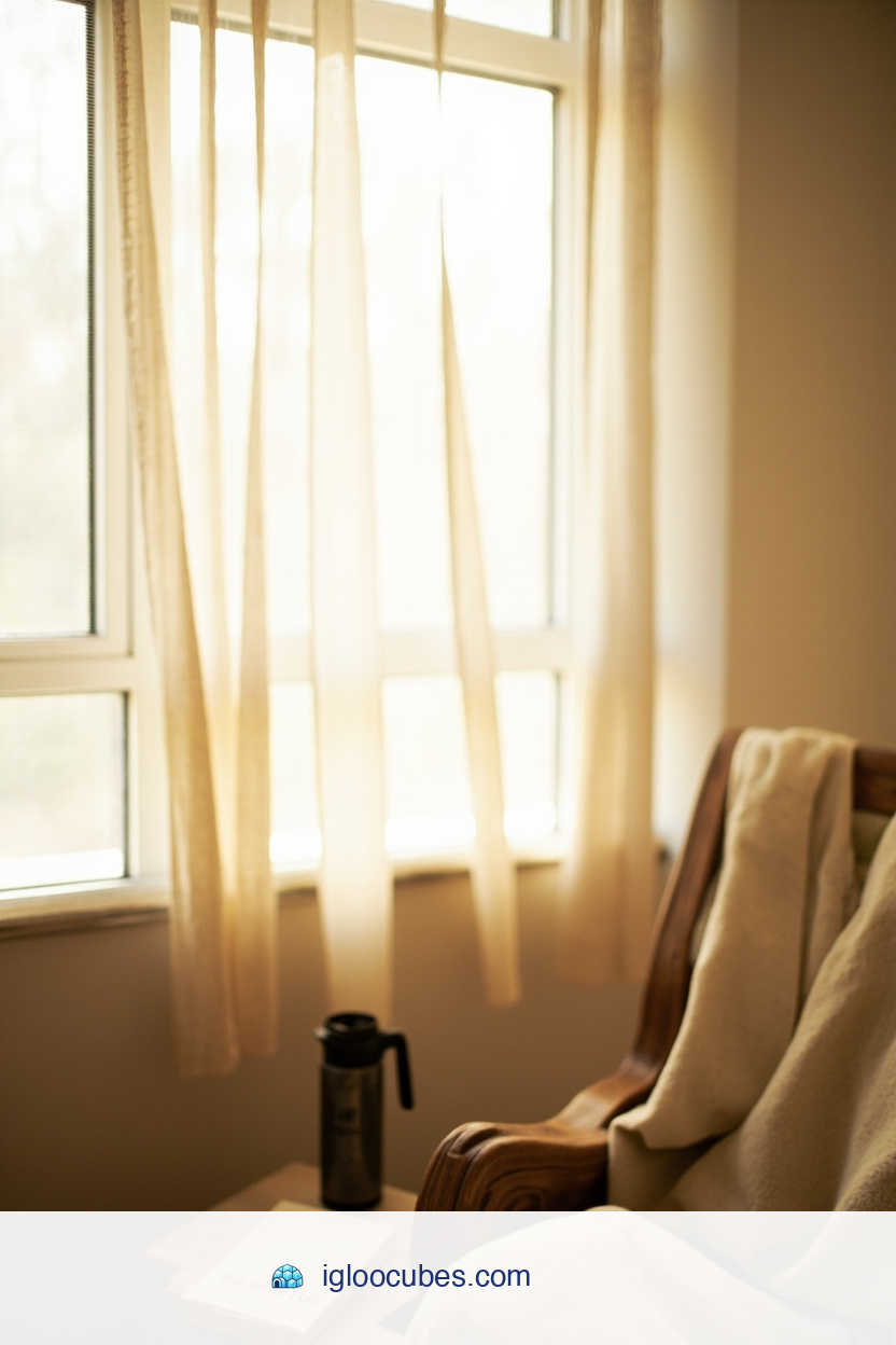 A quiet morning scene in a sunlit new dad's bedroom corner — a wooden rocking chair with a cream blanket, a thermos of coffee, and an open book — evoking the calm but heavy reality of early fatherhood.