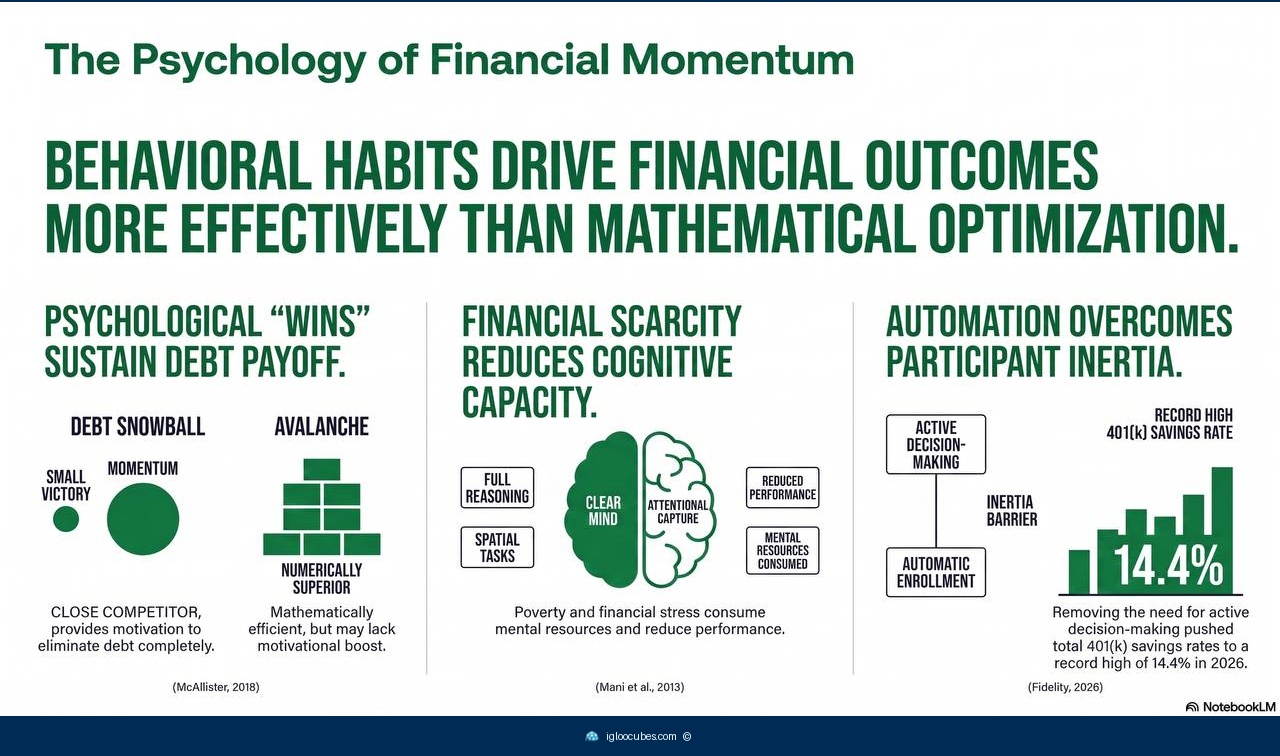 Infographic showing the psychology of financial momentum — debt snowball vs avalanche, the effect of scarcity on cognition, and how automatic retirement features change the savings landscape.
